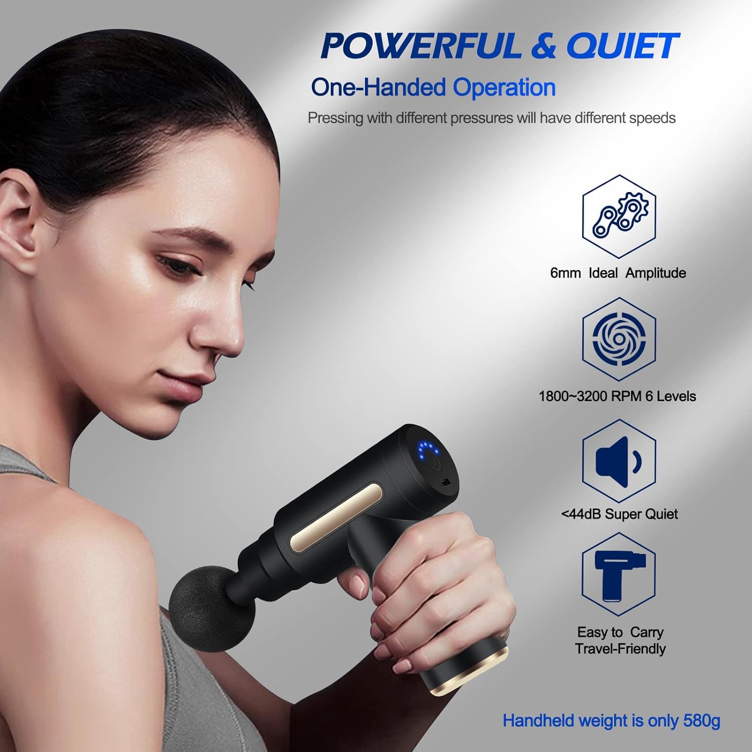 Mini pistola de masaje de percusión profunda, portátil y recargable para aliviar fatiga, tensión y dolor muscular.